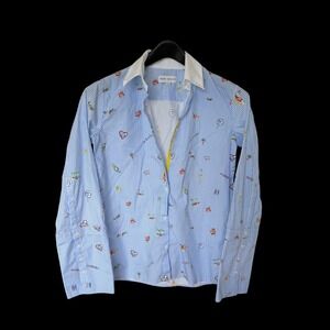 Mira Mikati Blue White Striped Embroidered Graphic Button Down Shirt US 4 EUR 36